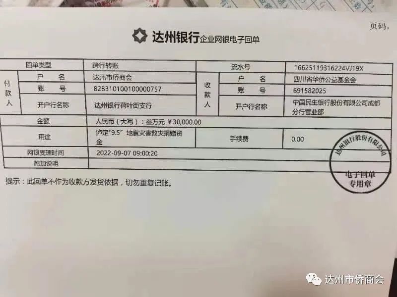 达州市侨商会向甘孜州泸定县地震灾区伸出援手